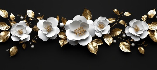 Wall Mural - White, golden, and black flowers are arranged in three-dimensional 3D floral background.