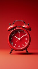 Red alarm clock on monochromatic red background isolated close-up