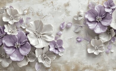 Wall Mural - With its lush, layered petals, peony purple and jasmine white flowers create an elegant stucco design.