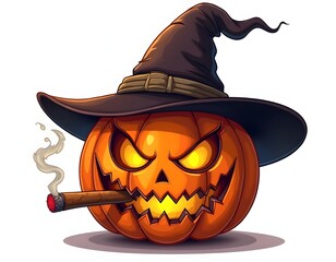 halloween pumpkin with Witch  hat smoking cigar isolated on white studio background