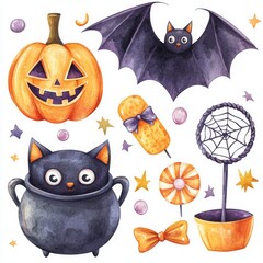 These isolated Hallween elements include pumpkin, bat, pot, candy, witch hat, and spider