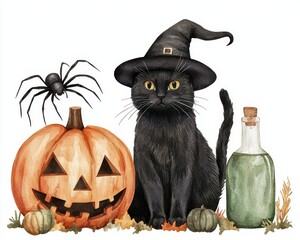 Decorative Halloween illustration with black cat, kettle, pumpkin, broom, and potion. White background with spooky autumnal decoration.