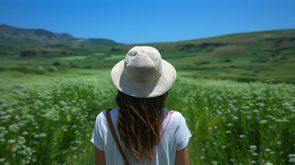 Wall Mural - Woman Farmer And Walking Countryside Blue Sky