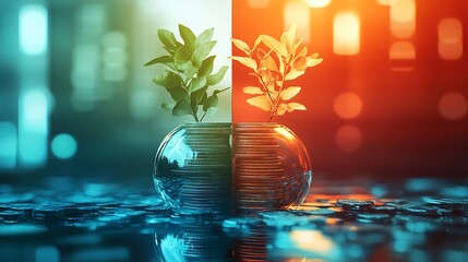 Two Plants Growing in a Glass Globe with Contrasting Lighting