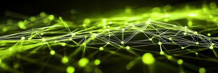 Fototapete - mesmerizing array of green particles glows against a dark backdrop, creating a vibrant tapestry of interconnected lines and dots that evoke a sense of movement and energy.