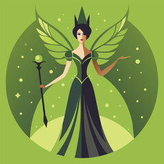 A young woman dressed in an intricately designed dark gown stands gracefully holding a staff while exuding a captivating presence in a vivid green setting.