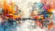 © BonzEarthsnapper - Create a digital watercolor painting of a lively street market with people and animals, capturing the energy and vibrancy of the scene