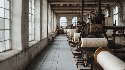 Old textile factory with vintage machines and large windows. Industrial heritage and history of manufacturing