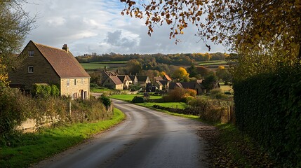 Sticker - picturesque english village road with winding path and stone cottages in autumn