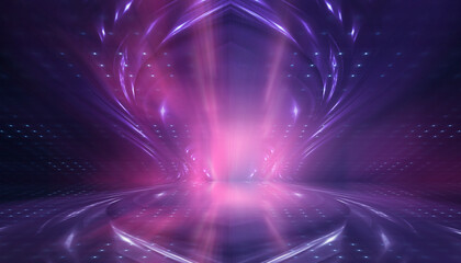 Wall Mural - Dark abstract background. Empty neon stage with rays.