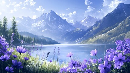 Canvas Print - Amazing painting purple flowers with lake and mountain image