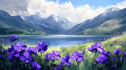 Wall Mural - Beautiful lake scene with purple flowers and mountains image