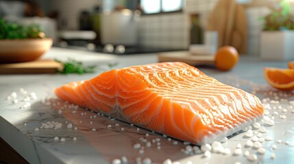 Wall Mural - Fresh raw salmon filet on a wooden cutting board seasoned with salt pepper and other herbs and spices  The fish is displayed in an appetizing way