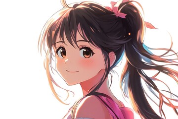 Wall Mural - Anime girl with brown hair and eyes smiling happily in a pink outfit