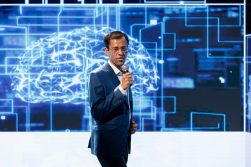 Poster - Engaging presenter talking at AI convention using microphone, sharing industry expertise to inspire audience. Professional exploring latest artificial intelligence technologies and tools at tech event