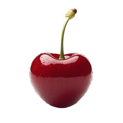 A fresh, glossy red cherry with a vibrant green stem, perfect for illustrating health, nature, and summer themes.