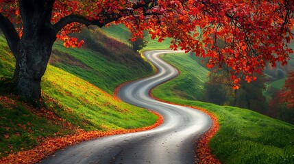 Wall Mural - Winding Road Through Autumn Forest, Scenic Landscape, Countryside