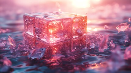 Wall Mural - A large ice cube sits in a pool of water, reflecting the sunset in a vibrant pink hue.  The cube is made up of four smaller cubes, and the water is rippling around it.