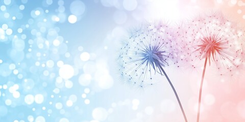 Silhouettes of two dandelions against a soft blue and pink gradient backdrop with bokeh effect. Romantic and ethereal design perfect for various projects