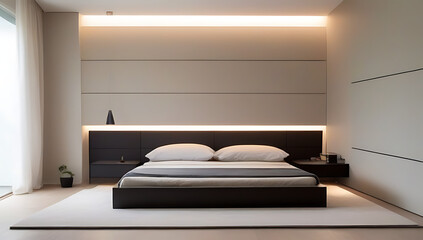 contemporary bedroom low platform bed neutral colors soft lighting