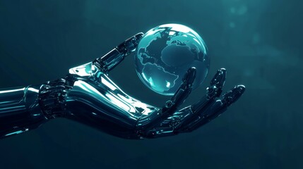 Poster - Future technology, robotic arm, a robotic hand holding a globe, overall in a blue tone, minimalist style, minimalist background, deep blue background, clear lines.