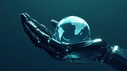 Poster - Future technology, robotic arm, a robotic hand holding a globe, overall in a blue tone, minimalist style, minimalist background, deep blue background, clear lines.