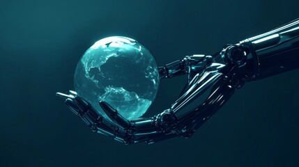 Poster - Future technology, robotic arm, a robotic hand holding a globe, overall in a blue tone, minimalist style, minimalist background, deep blue background, clear lines.