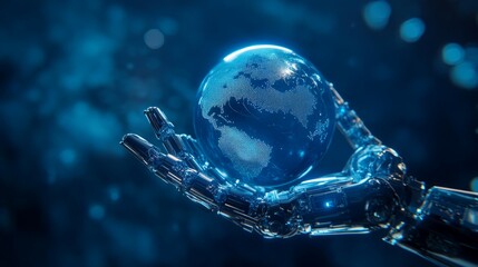 Wall Mural - Future technology, robotic arm, a robotic hand holding a globe, overall in a blue tone, minimalist style, minimalist background, deep blue background, clear lines.