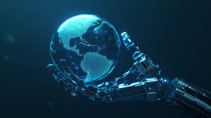 Poster - Future technology, robotic arm, a robotic hand holding a globe, overall in a blue tone, minimalist style, minimalist background, deep blue background, clear lines.