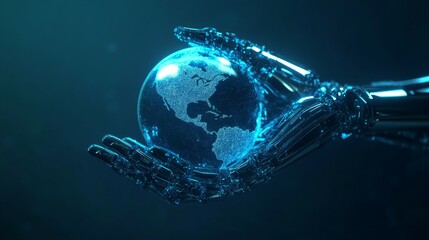 Poster - Future technology, robotic arm, a robotic hand holding a globe, overall in a blue tone, minimalist style, minimalist background, deep blue background, clear lines.