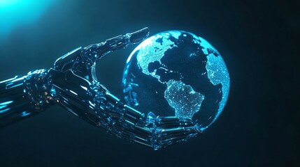 Poster - Future technology, robotic arm, a robotic hand holding a globe, overall in a blue tone, minimalist style, minimalist background, deep blue background, clear lines.