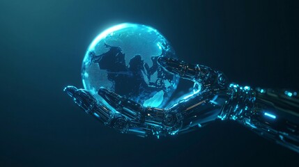 Poster - Future technology, robotic arm, a robotic hand holding a globe, overall in a blue tone, minimalist style, minimalist background, deep blue background, clear lines.