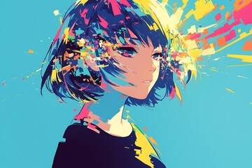 Canvas Print - Colorful anime girl with paint explosion from her head