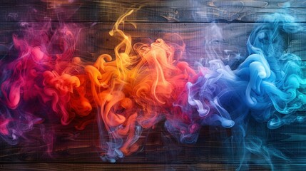 Wall Mural - Colorful Smoke Swirls on Wooden Background