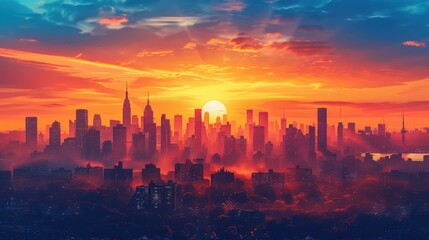 Wall Mural - City Skyline Sunset Dramatic Cloudscape Stock Photo