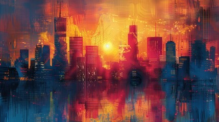 Wall Mural - Abstract Cityscape Sunset Painting - Digital Art