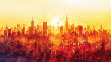 Wall Mural - Cityscape Silhouette with Watercolor Sunset Background