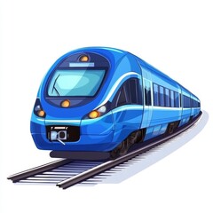 Stylish blue passenger train with a yellow stripe on a white background, perfect for travel, transportation, and journey themes.