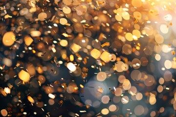 Elegant gold party confetti bokeh effect background with glittering illumination