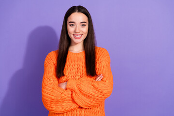 Wall Mural - Photo of cute adorable nice girl wear stylish orange clothes isolated on purple color background