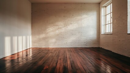 Empty room with white brick wall and wooden floor