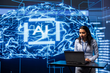 Poster - Speaker talking in online webinar, exploring ways AI can positively enhance companies workforce. Presenter promoting artificial intelligence solutions during internet presentation