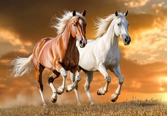 Chestnut and white horses galloping side by side under a vibrant sunset in an open field