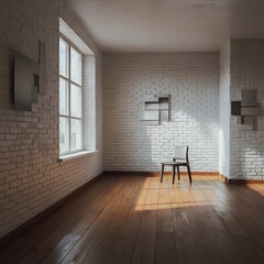 Empty room with white brick wall and wooden floor