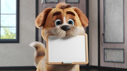 Wall Mural - 3D Cute Dog Holding with Blank Whiteboard