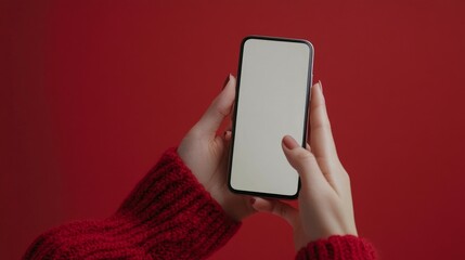 Wall Mural - Woman's hand holding a cell phone, one hand showing