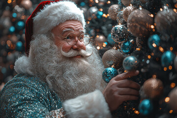 Canvas Print - Santa Claus decorating a Christmas tree with sparkling ornaments and tinsel. Concept of holiday traditions and festive decorations.