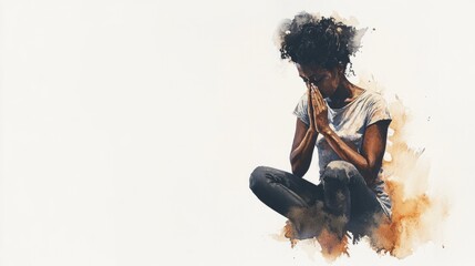 Wall Mural - African american woman praying in lotus position on white background.