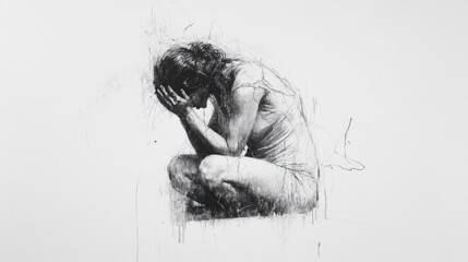 Wall Mural - Prayer. Sketch of woman sitting on the floor, monochrome.