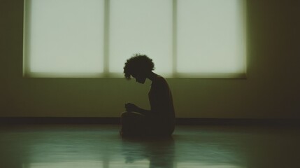 Wall Mural - Silhouette of a woman sitting on the floor in an empty room, praying.